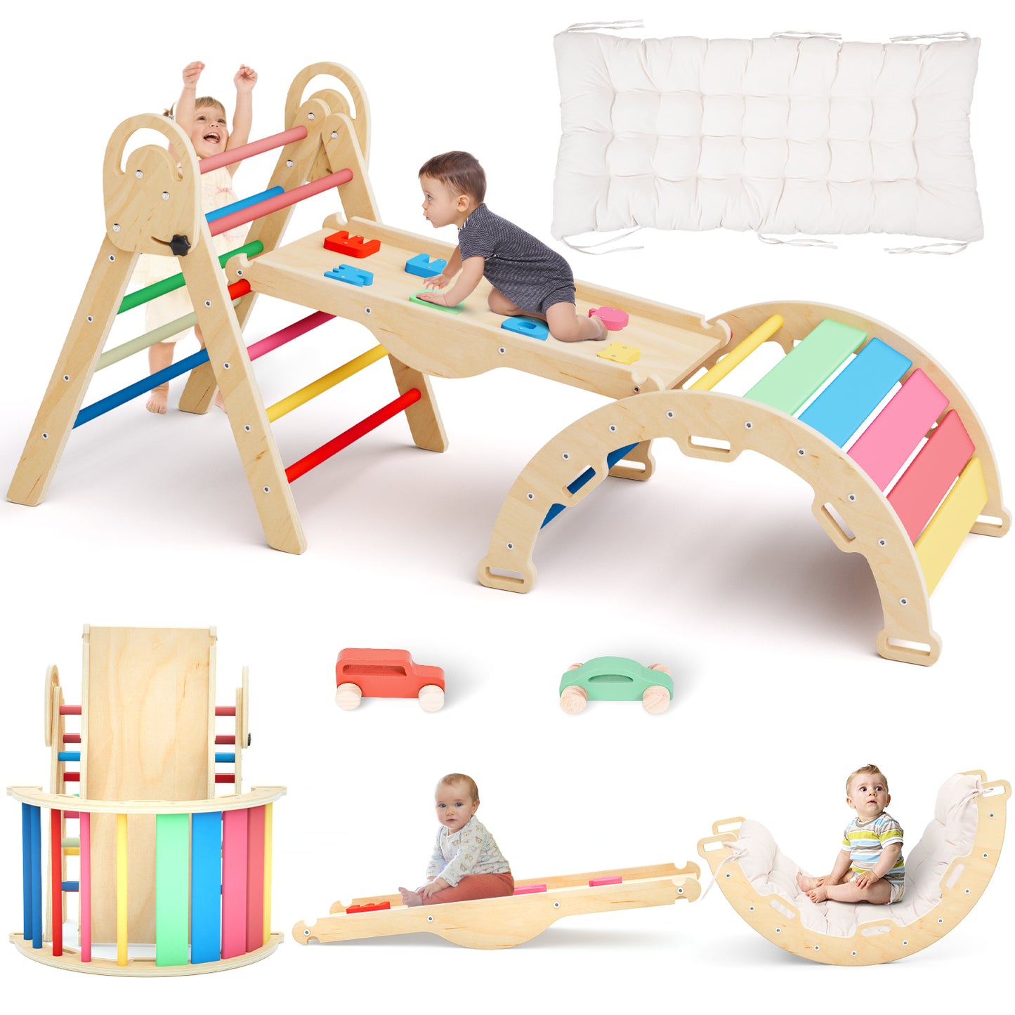 Pikler Triangle Set with Cushion, Montessori Climbing Set, Indoor Climb Toys, Indoor Playground Jungle Gyms, 9 Combinations Climbing Toy Set for Toddler, Baby, Kids 1-4