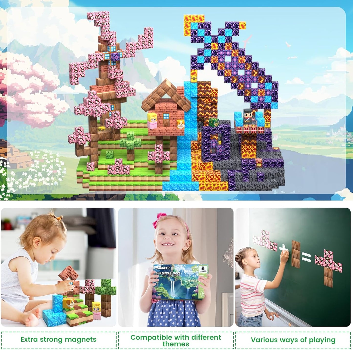 Magnetic Blocks, 100PCS Magnetic Tiles Building Blocks, Magnet Cubes STEM Sensory Game Toys Christmas Birthday Gifts for Kids Boys Girls Age 3+ (Forest Sword)